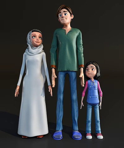 Animated Game Movie Family Characters with Headscarf White Robe Green Shirt and Pink Vest 3d model