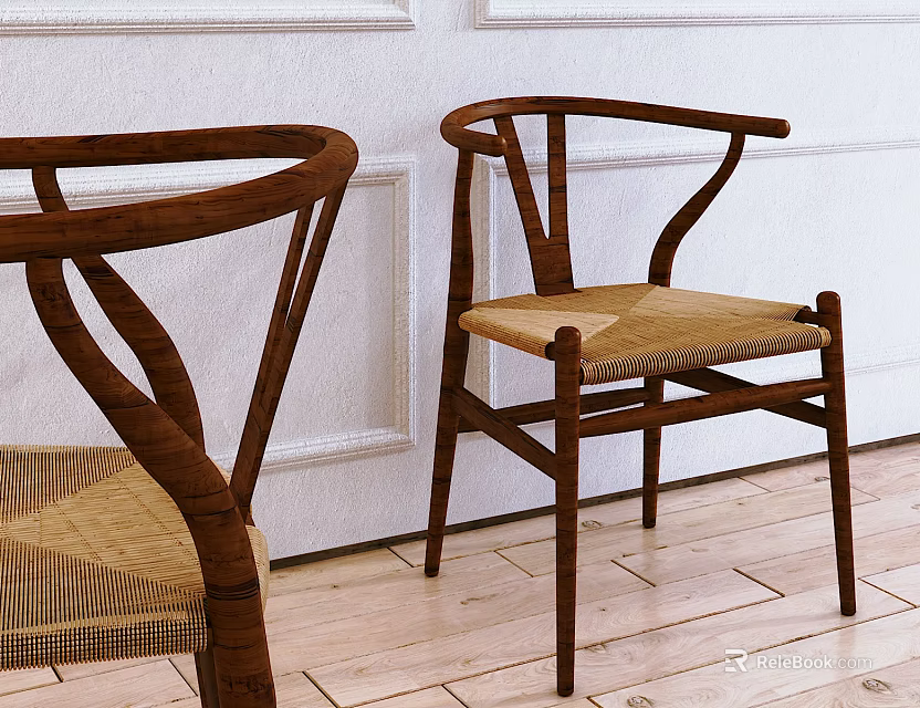 Classic Wooden Dining Chairs With Curved Backrest And Rattan Seat Design 3d model 