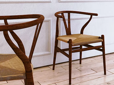 Classic Wooden Dining Chairs With Curved Backrest And Rattan Seat Design 3d model