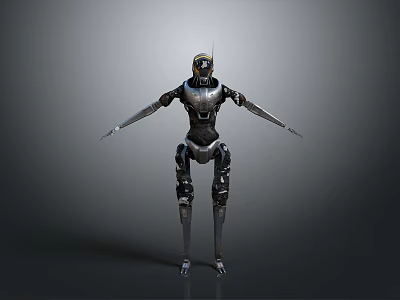 Mechanical Robot With Silver Black Metallic Body And Extended Limb Structure Standing Pose Design 3d model