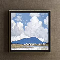 Tranquil Landscape Painting With Cloudy Sky Mountain Range Calm River And Green Grassland