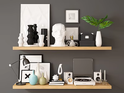 Stylish Wall Shelves Displaying Decorative Sculptures Vases Photo Frames And Record Player 3d model