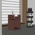 Brown Corner Table With Aromatherapy Box Towels And Black Shelving Unit By Blinds 3d model