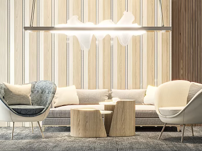 Modern Living Room Sofa and Coffee Table Set With Accent Chairs Wooden Tables and Chandelier 3d model