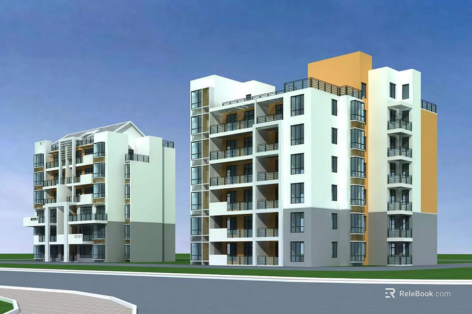 Modern Multi Story Residential Building With Balconies White Gray Orange Exterior And Green Lawn 3d model 