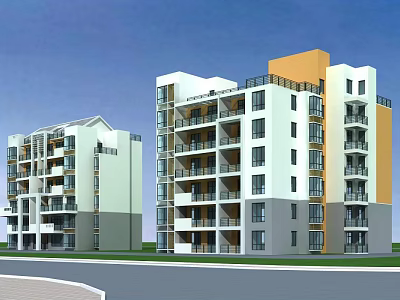 Modern Multi Story Residential Building With Balconies White Gray Orange Exterior And Green Lawn 3d model