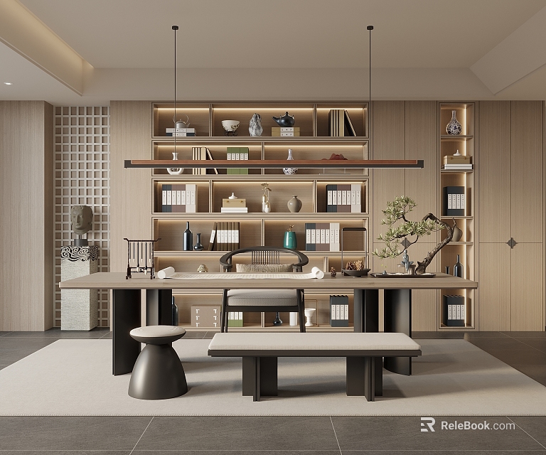 Elegant Study Room Interior Design With Wooden Bookshelves Hanging Lights And Large Desk 3d model 