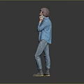 Woman Talking On Phone With Blue Polka Dot Coat White Top Blue Jeans Green Shoes