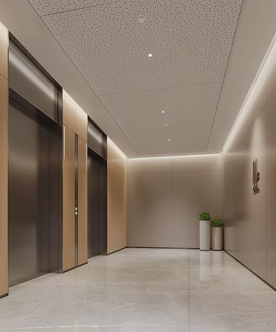 Modern Elevator Lobby With Beige Walls Ceiling Light Strips And Green Plants In White Pots 3d model