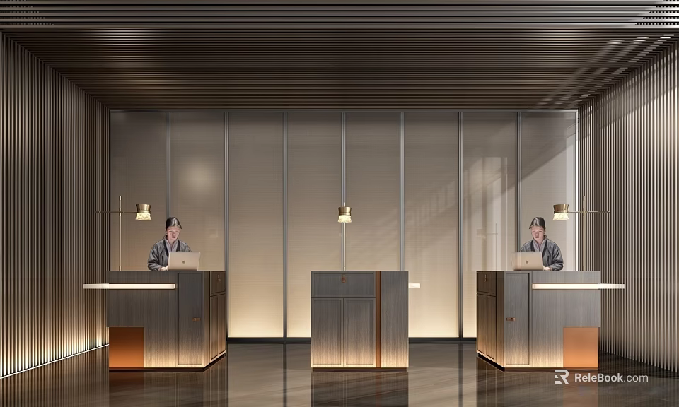 Modern Reception Desks With Wooden Metal Design And Hanging Lamps For Staff Working 3d model 