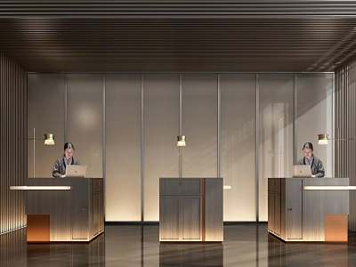 Modern Reception Desks With Wooden Metal Design And Hanging Lamps For Staff Working 3d model