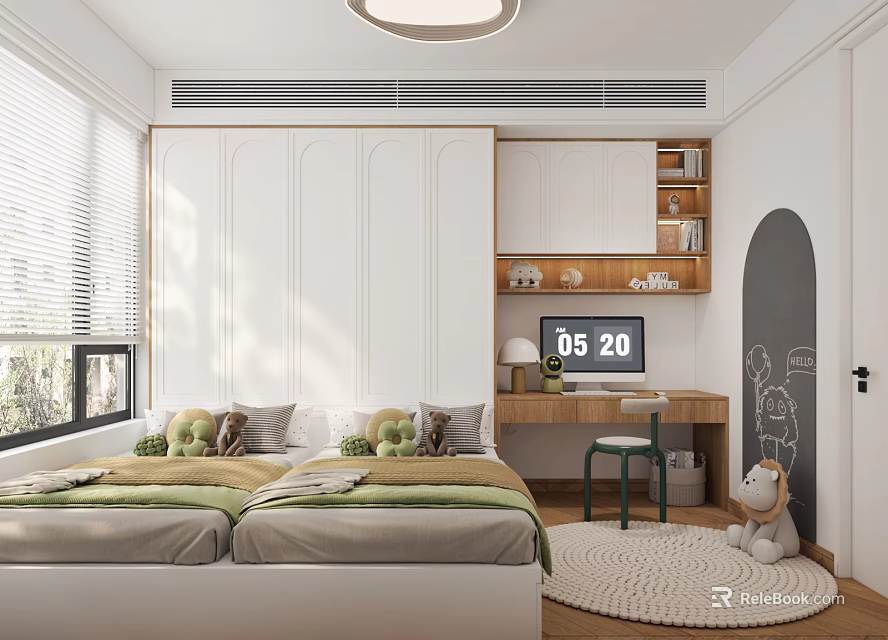 Tatami Bedroom Interior Design With Platform Bed Window Desk Storage And Stuffed Toy Rug 3d model 