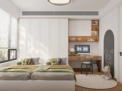Tatami Bedroom Interior Design With Platform Bed Window Desk Storage And Stuffed Toy Rug 3d model