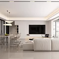 Modern Living Dining Room Interior With White Sofa Glass Dining Chairs And Pendant Light