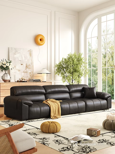 Modern Sofa and Coffee Table Set With Black Leather Upholstery Yellow Blanket And Green Plant 3d model 