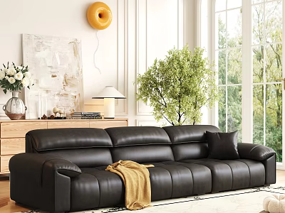 Modern Sofa and Coffee Table Set With Black Leather Upholstery Yellow Blanket And Green Plant 3d model