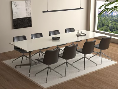 Modern Office Desk With White Tabletop Black Chairs Pendant Light Window View And Wall Art 3d model