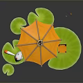 3D Scene Featuring White Cat Orange Umbrella Chair Fishing Rod On Green Lily Pad Platforms