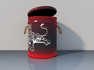 Swing Door Lid Red Bucket With Tiger Pattern And Rope Handles Design 3d model