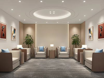 Modern Hotel Public Lounge With Comfortable Sofas Armchairs Decorative Paintings Green Plants And Soft Lighting 3d model