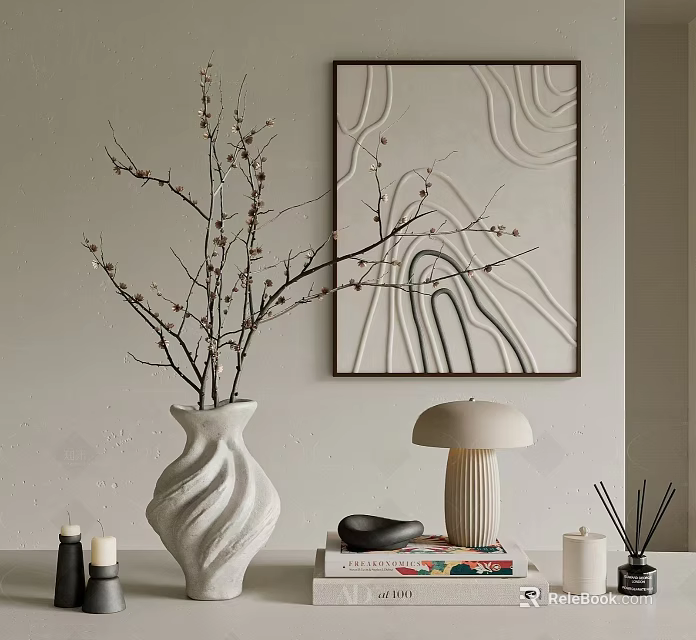 Elegant Decorative Ornament Combination With Spiral Vase Flowering Branches Artwork And Table Lamp 3d model 
