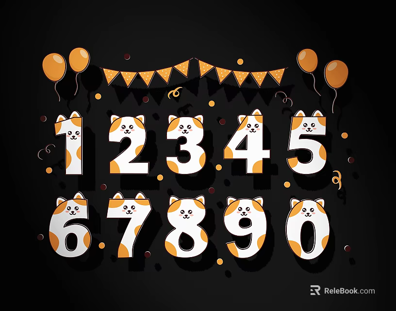 Decorative Number Set With Cat Faces Balloons Bunting Flags For Party Use 3d model