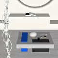 Modern Interior Coffee Table With White Round Decor Blue Panel And Books 3d model