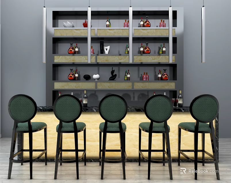 Modern Bar Area Design With Green Bar Stools Multi Layered Wine Shelves And Decorative Bottles 3d model 