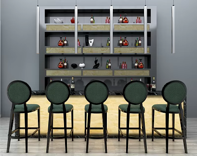 Modern Bar Area Design With Green Bar Stools Multi Layered Wine Shelves And Decorative Bottles 3d model