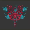 Abstract Red And Blue Art Decoration With Wings And Circular Ring Design