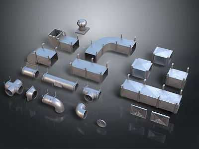 Various Industrial Metal Pipes Elbows And Square Components Fittings 3d model