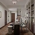 Elegant Study Room Interior With Built-in Bookshelves Books Decorations Desk Laptop Stools And Tile Floor