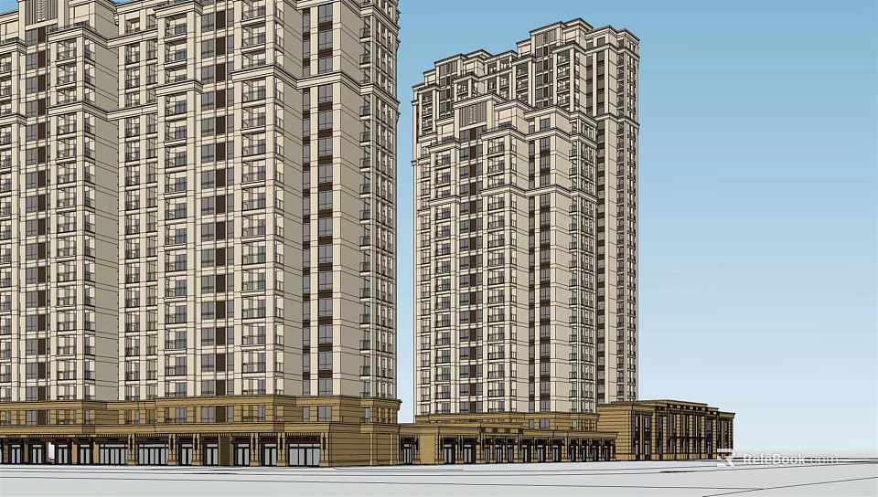 Modern High Rise Residential Building Exterior With Ground Floor Commercial Shops 3d model 