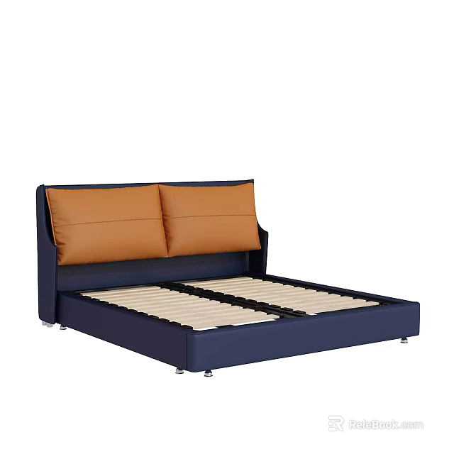 Modern Double Bed with Navy Blue Frame Orange Cushions and Wooden Slats 3d model 