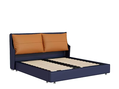 Modern Double Bed with Navy Blue Frame Orange Cushions and Wooden Slats 3d model