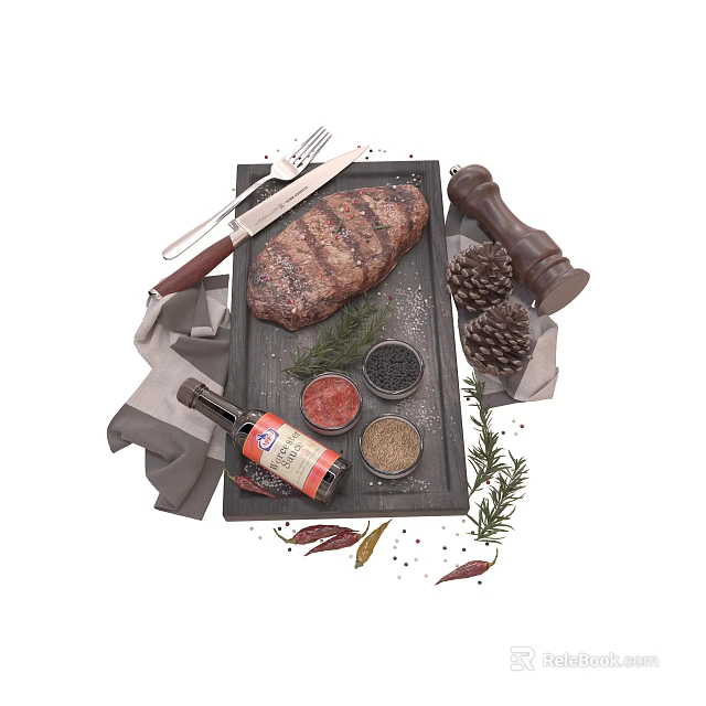 Grilled Steak on Black Slate Plate with Pepper Grinder Seasonings Knife Fork and Rosemary 3d model 