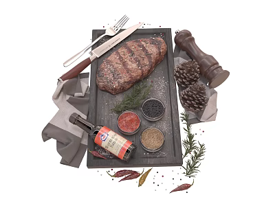 Grilled Steak on Black Slate Plate with Pepper Grinder Seasonings Knife Fork and Rosemary 3d model