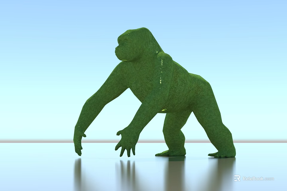 Green Bush Gorilla Sculpture In Green Color Against Light Blue Sky With Reflective Ground 3d model 