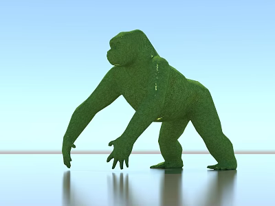 Green Bush Gorilla Sculpture In Green Color Against Light Blue Sky With Reflective Ground 3d model