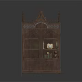 Traditional Wooden Cabinet With Intricate Carved Details And Arched Glass Doors
