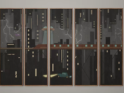 Night Cityscape Panoramic Painting With Tall Buildings Lightning Car And UFO 3d model