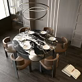 Modern Round Dining Table Set With Marble Top And Six Brown Chairs 3d model