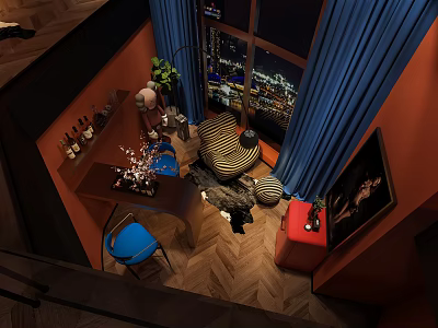 Hotel Guest Room Featuring Orange Walls Blue Curtains And City Night View Through Windows 3d model
