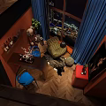 Hotel Guest Room Featuring Orange Walls Blue Curtains And City Night View Through Windows