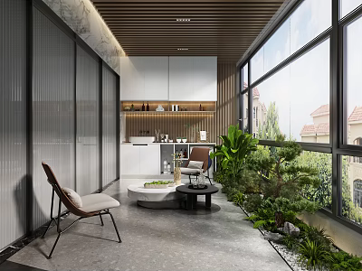 Modern Home Balcony With Large Windows Green Plants Leisure Chairs And Gray Flooring 3d model