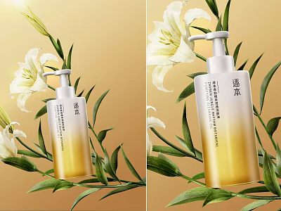 Natural Gradient Yellow Perfume Cosmetics Bottle With Pump Dispenser White Lily Flowers Green Leaves 3d model