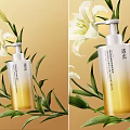 Natural Gradient Yellow Perfume Cosmetics Bottle With Pump Dispenser White Lily Flowers Green Leaves