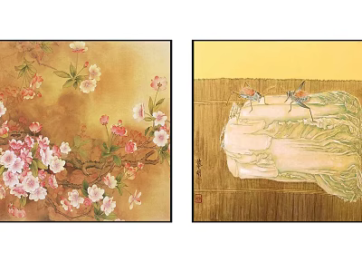 Traditional Art Paintings Showcasing Floral Blooms And Vegetable With Dragonfly Details 3d model