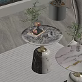 Round Side Table With White Marble Tabletop Gold Veins Conical Base And Beige Sofa 3d model
