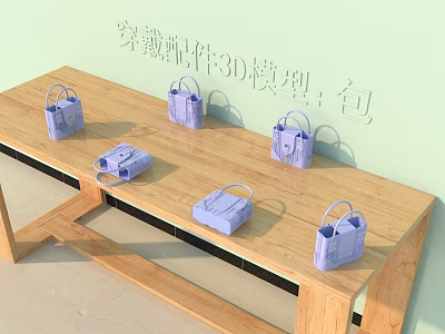 Wooden Tea Table and Chairs Displaying Purple Bag 3D Models as Wearable Accessories 3d model
